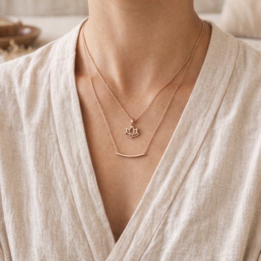 New Good Karma Gold Double Necklace with Lotus Charm Freeing Zen Calm Spirit